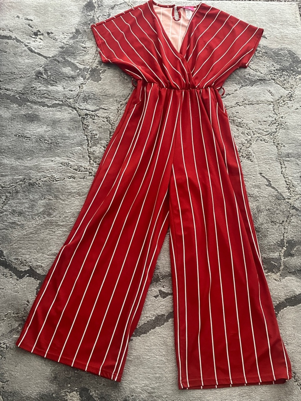 Striped Red Surplice Wide-Leg Jumpsuit